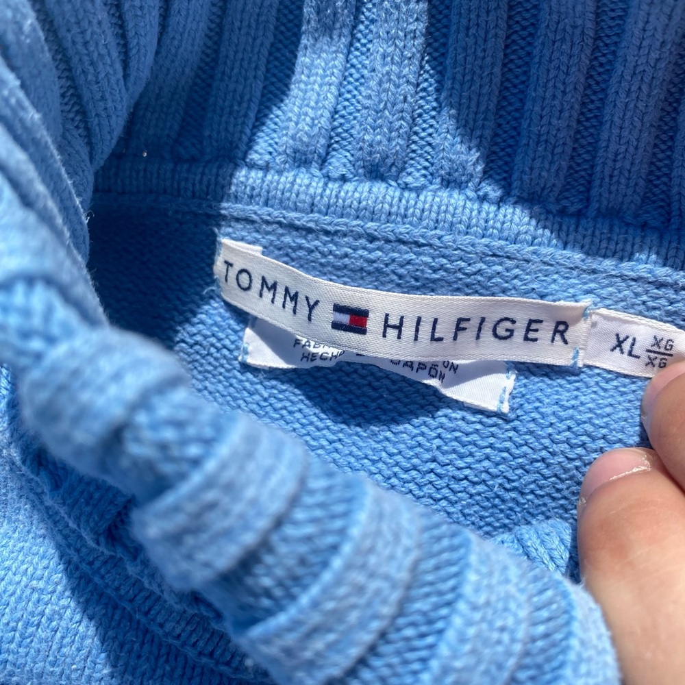 Tommy Hilfiger Vintage Blue Cable Knit Turtleneck Cropped Sweater XL Japan - Picture 6 of 7